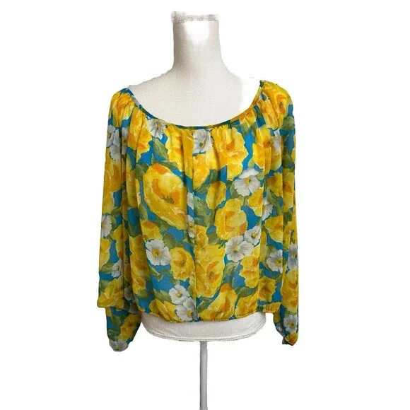 Ambiance Apparel Blouse Women's L Blue & Yellow Floral Semi Sheer Long Sleeve - Picture 1 of 6